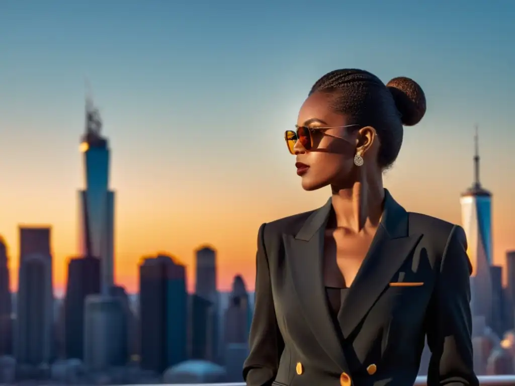 Una persona andrógina en traje, segura y desafiante, con un fondo urbano