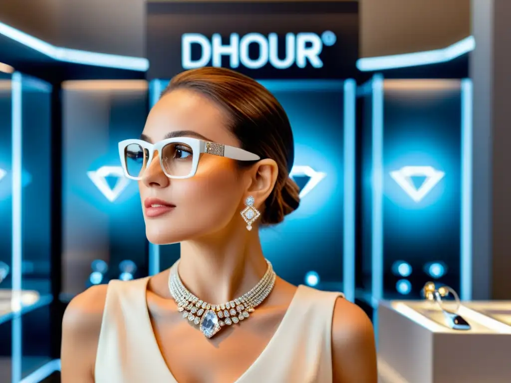 Una persona asombrada y feliz usa gafas de realidad aumentada para probar joyas de diamantes