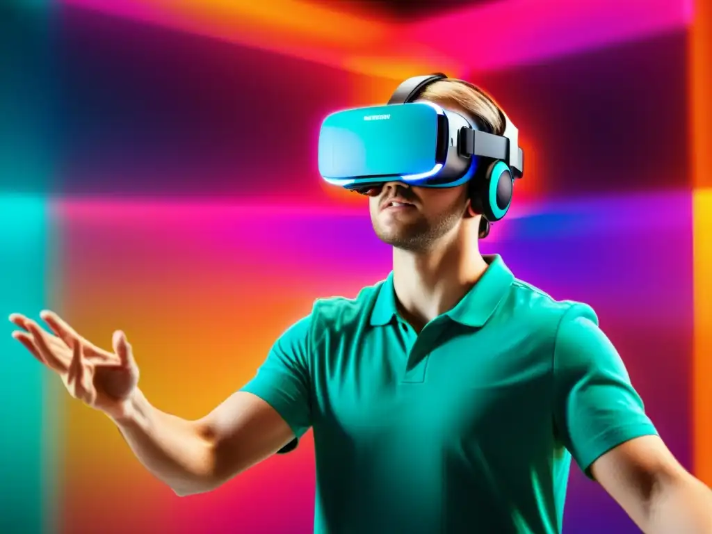 Persona inmersa en marketing sensorial online para moda a través de realidad virtual, interactuando con contenido digital vibrante y cautivador