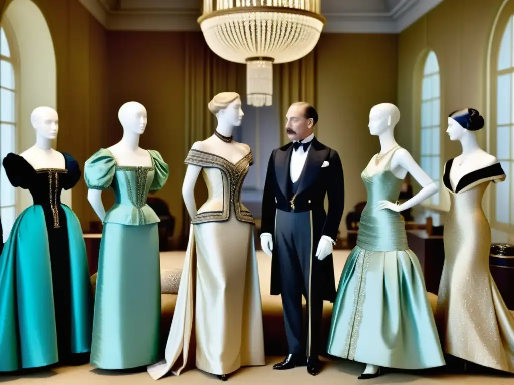 Maestros de la moda de lujo: opulencia y creatividad en el atelier Pioneros de la moda de lujo rodeados de telas suntuosas y elegantes maniquíes, creando diseños visionarios