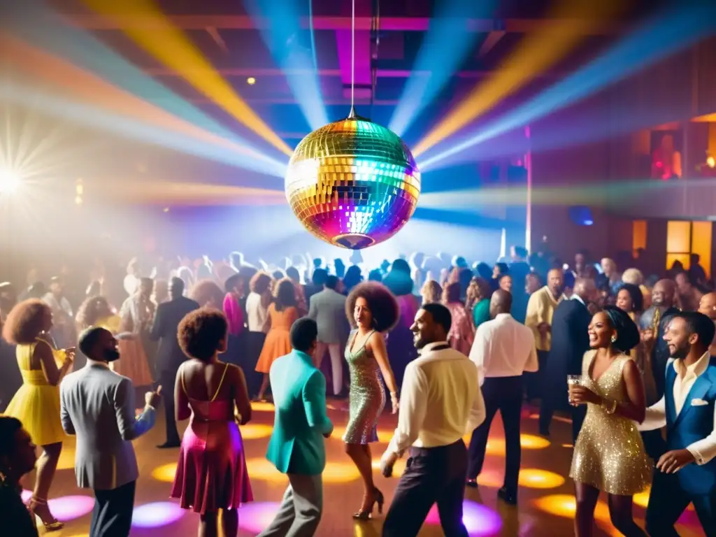 Una pista de baile vibrante y concurrida llena de gente vestida con atuendos coloridos y brillantes de la moda disco y su impacto