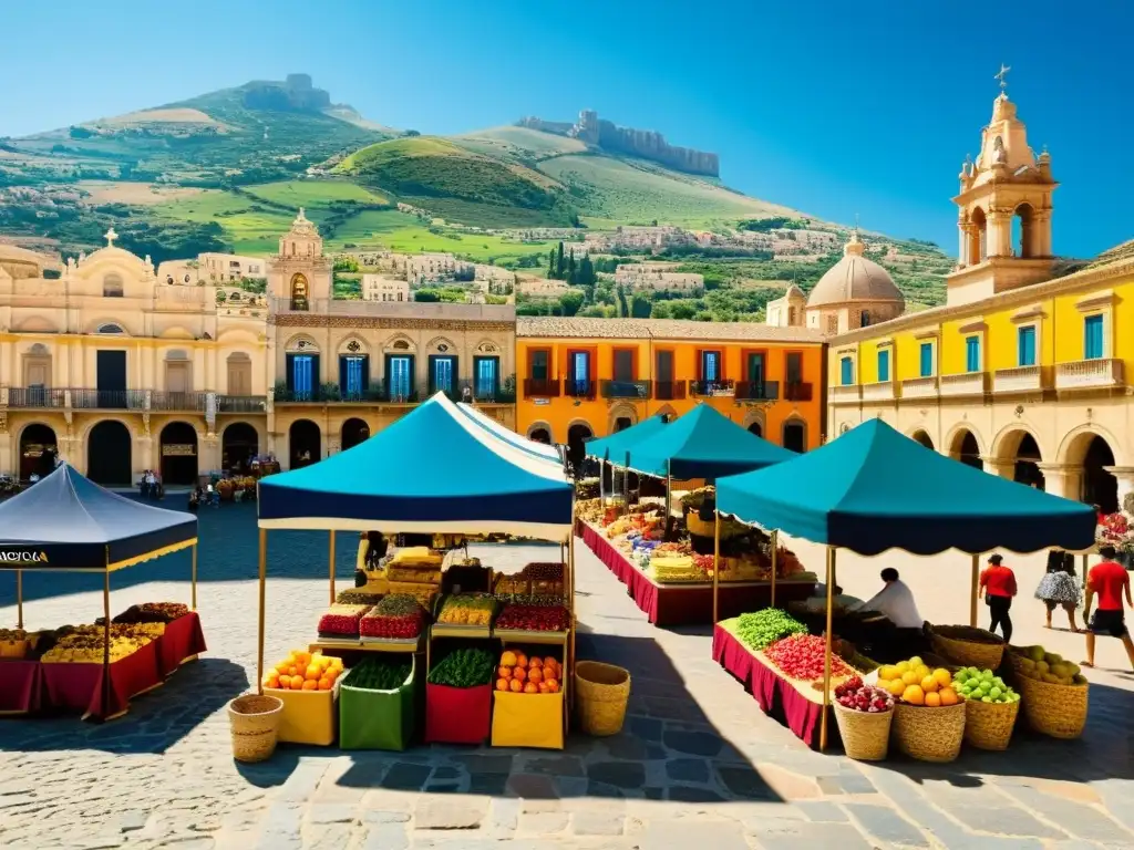 Una plaza siciliana llena de coloridos puestos de mercado, inspiración para la colección Dolce & Gabbana Sicilia, bajo un cielo azul