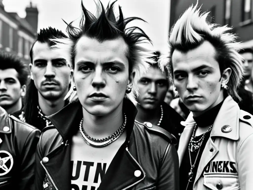 Una poderosa imagen en blanco y negro de punks en un protesta urbana, que captura la influencia estética punk moda urbana con rebeldía y autenticidad