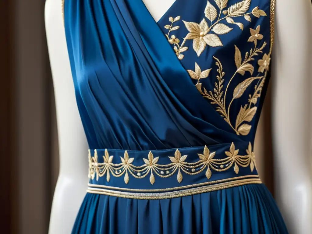 Una poesía en indumentaria femenina: un vestido de seda azul en detalle, con brillo y elegancia atemporal