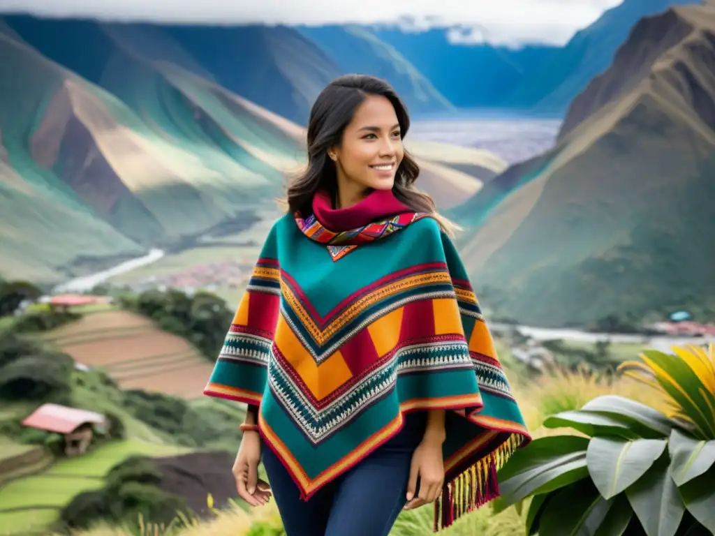 Un poncho andino tejido a mano por un artesano local, con colores vibrantes y patrones tradicionales