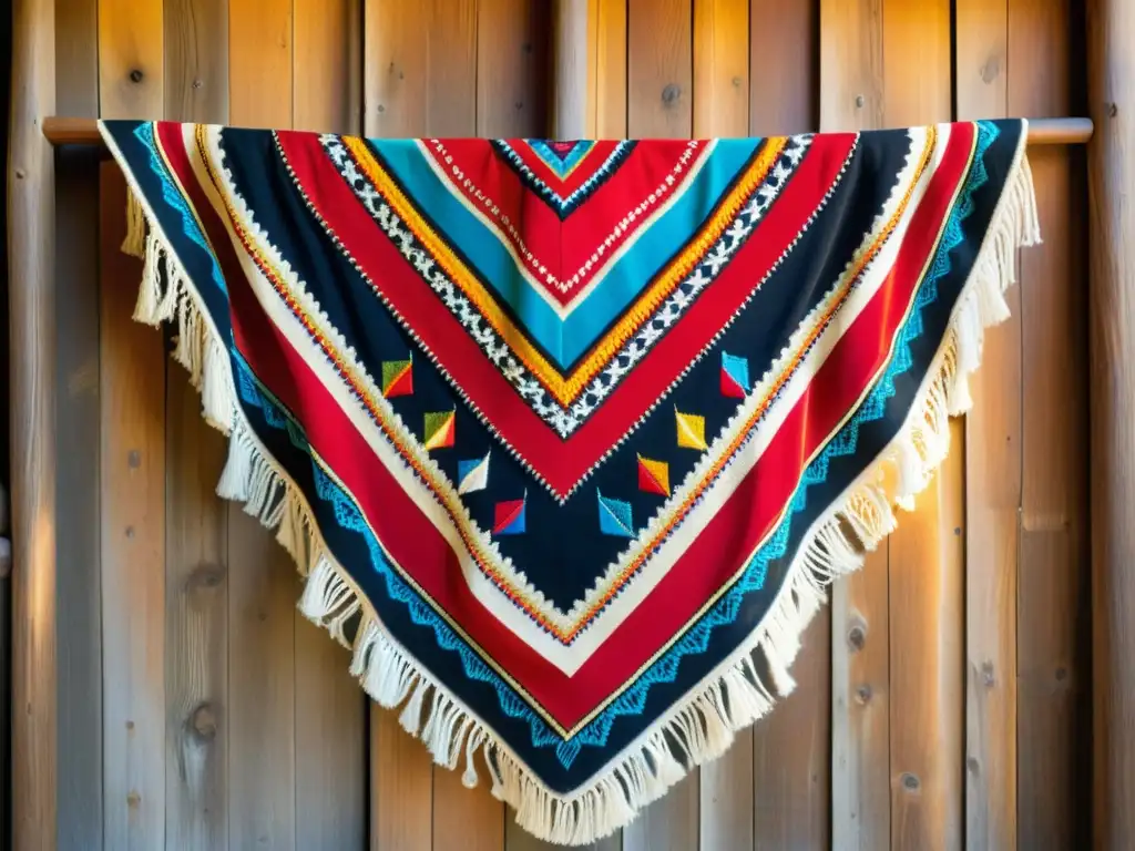 Un poncho chileno bordado con colores vibrantes y patrones intrincados, iluminado por luz natural