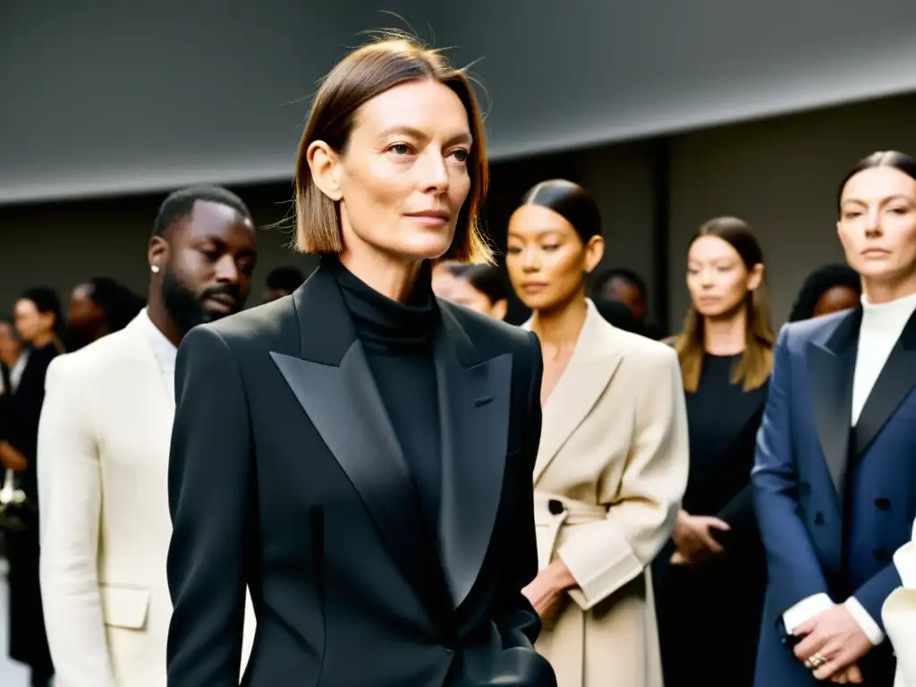 Phoebe Philo inspecciona una prenda minimalista rodeada de su equipo creativo en un ambiente de quieto y enfocado backstage