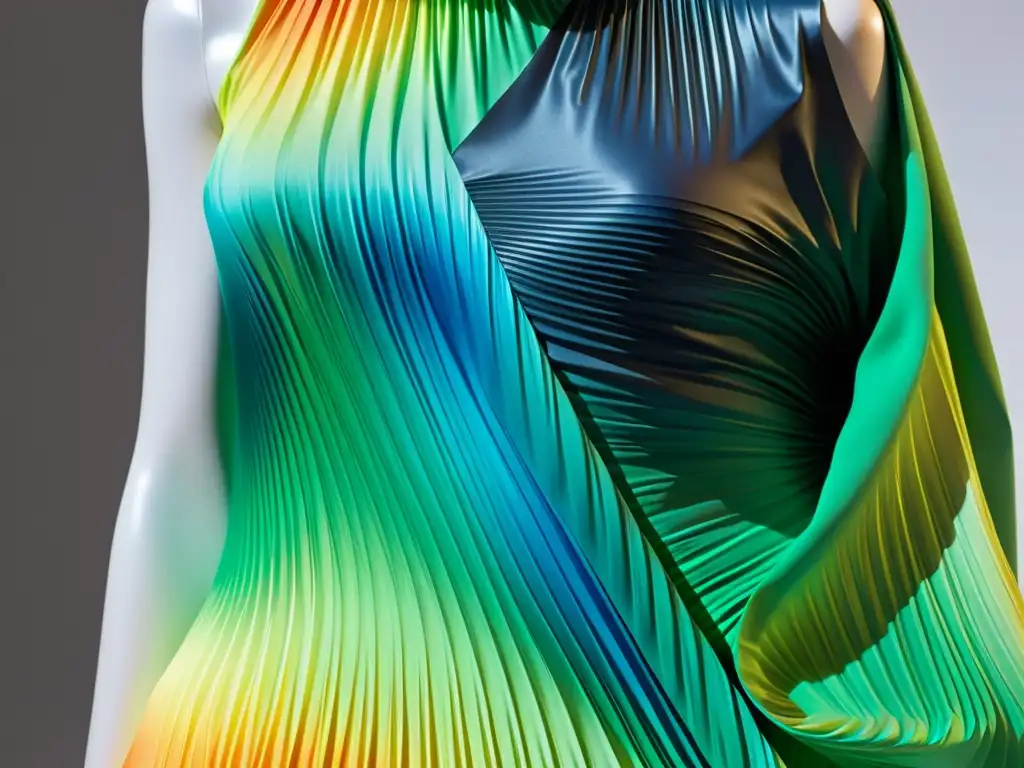 Prenda Issey Miyake: plisados dinámicos y tecnología japonesa crean una obra maestra de moda con un brillo holográfico hipnótico