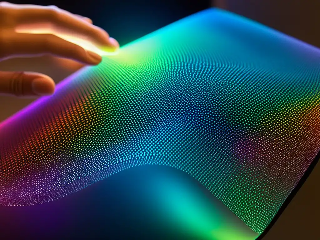 Prendas sensoriales para cambio emocional: tela tecnológica con sensores que cambian de color según emociones, mostrando flexibilidad y detalle