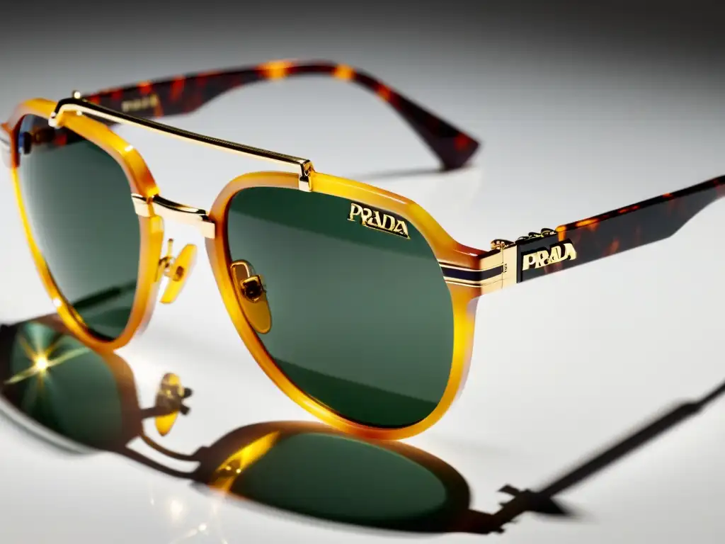 Un primer plano detallado de las gafas de sol Prada edición limitada, resaltando el diseño intrincado y la artesanía de alta calidad