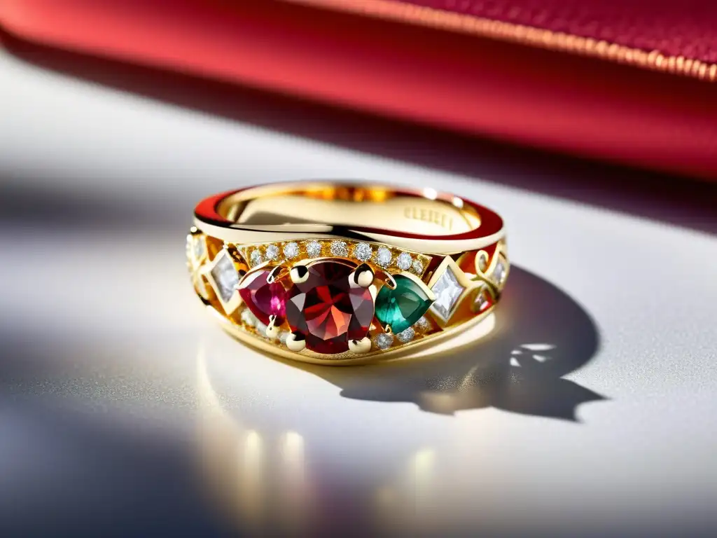 Un primer plano detallado del nuevo anillo Van Cleef & Arpels, resaltando su diseño intrincado con filigrana, diamantes brillantes y gemas coloridas