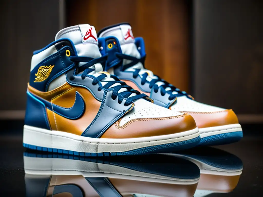 Detalles únicos de zapatillas Air Jordan vintage Un primer plano detallado de zapatillas Air Jordan vintage de edición limitada, mostrando el intrincado cosido, cuero envejecido y logotipo icónico