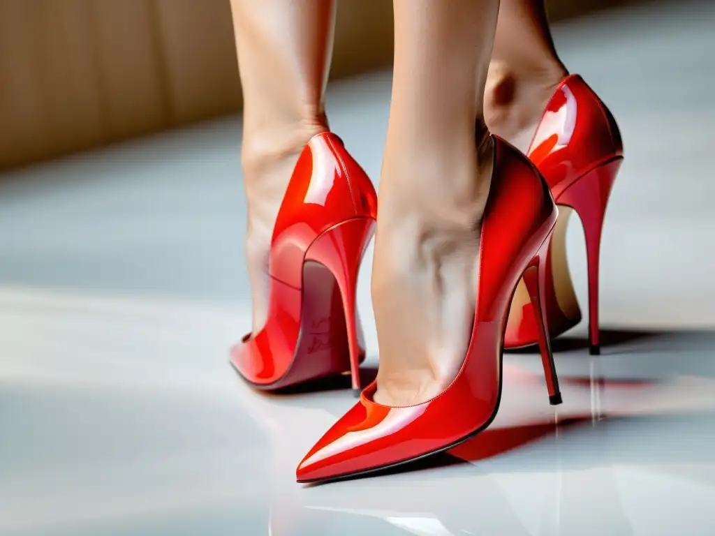 Un primer plano de unos elegantes tacones altos de Christian Louboutin, resaltando la icónica suela roja con exquisito detalle y lujo