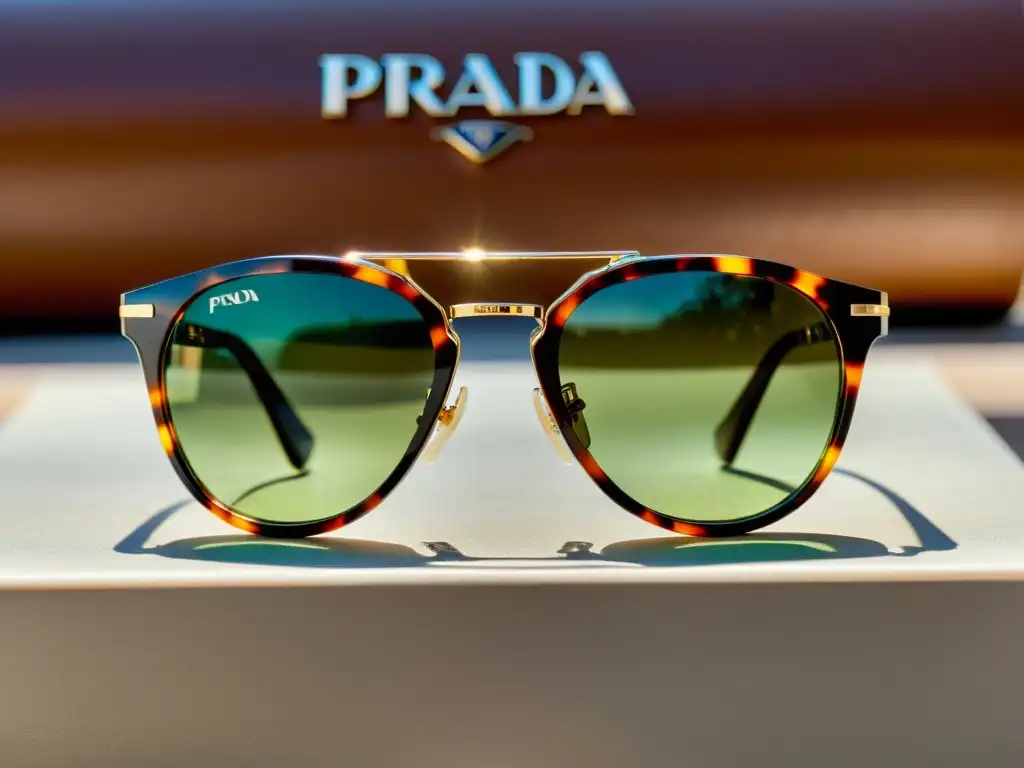 Un primer plano de unas exclusivas gafas de sol Prada, con detalles intrincados y el icónico logo de Prada en el lente