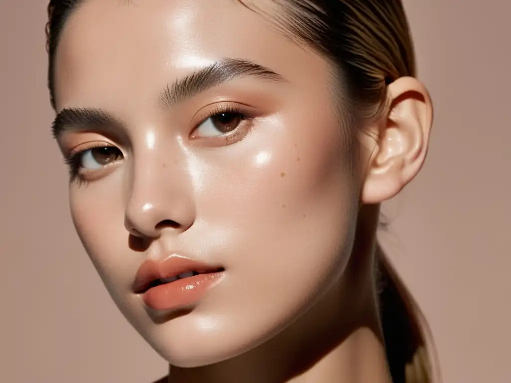 Un primer plano de un rostro con maquillaje natural y un brillo saludable, capturando el impacto cultural del estilo Glossier en la belleza y la moda