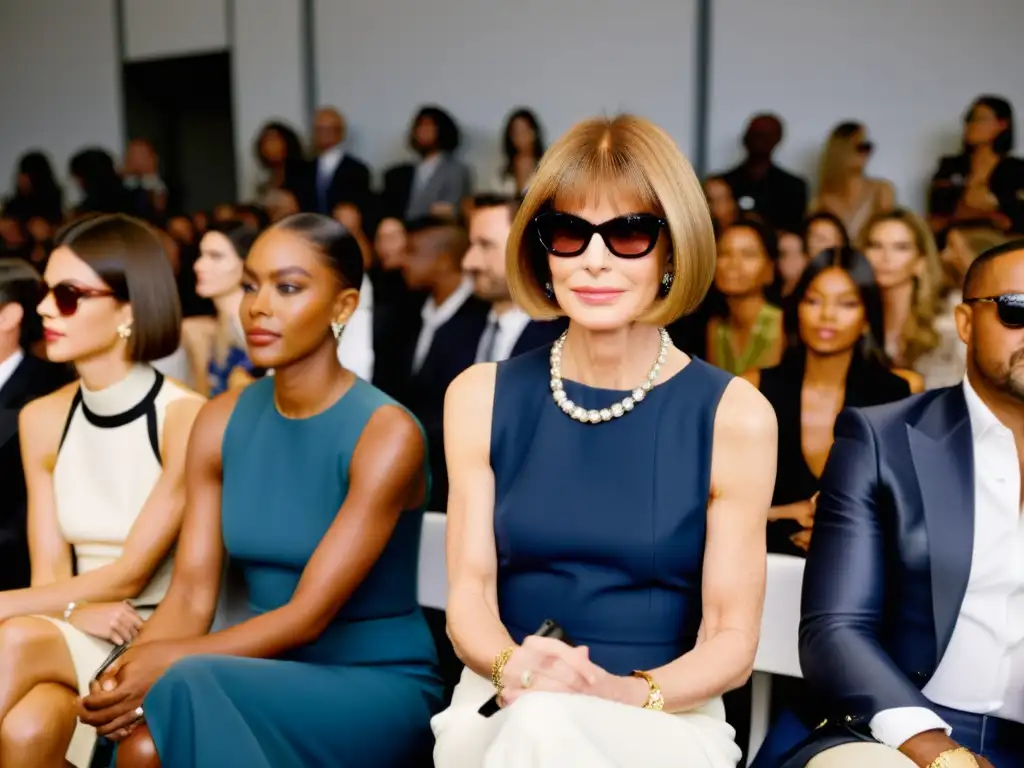 Anna Wintour en primera fila de desfile de moda, rodeada de modelos, diseñadores y fotógrafos