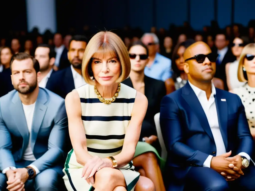 Anna Wintour en primera fila de un desfile, rodeada de fotógrafos y entusiastas de la moda