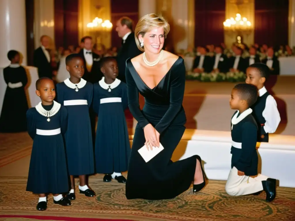 La Princesa Diana impacta con su elegancia en un evento humanitario, conectando con niños en un salón ornado