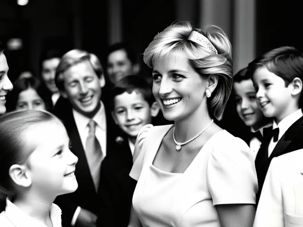 Princesa Diana impacto cultural moda: Fotografía en blanco y negro de Diana, sonriendo cálidamente mientras interactúa con niños en un evento benéfico