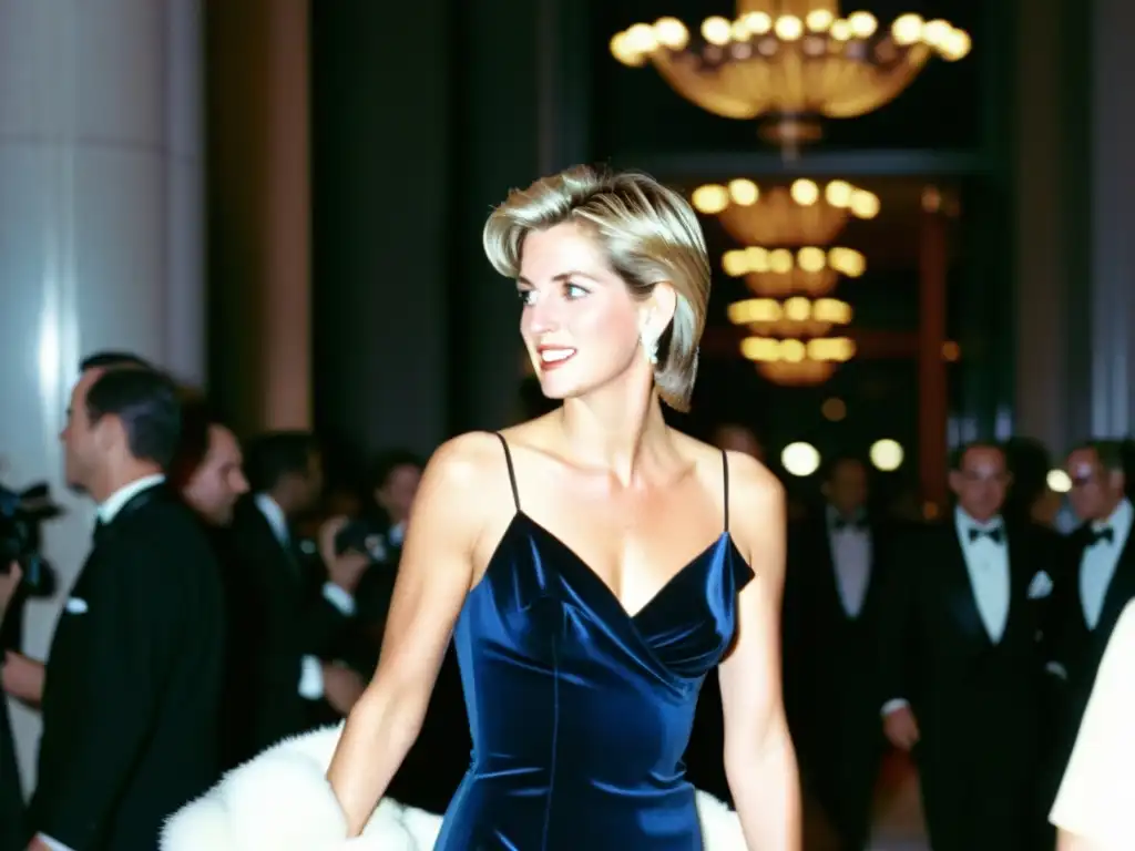 Princesa Diana desciende elegante la escalera en el Met Gala 1996, rodeada de admiradores y cámaras