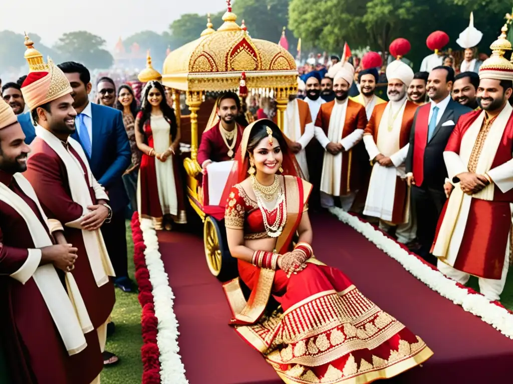 Una procesión de bodas indias tradicionales con un elaborado atuendo nupcial, diseños de henna y joyería tradicional