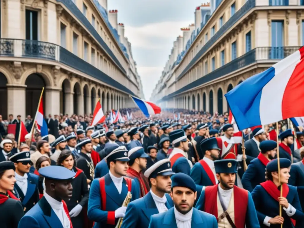 Una procesión de revolucionarios en París, con moda como símbolo de libertad, detallada en 8k