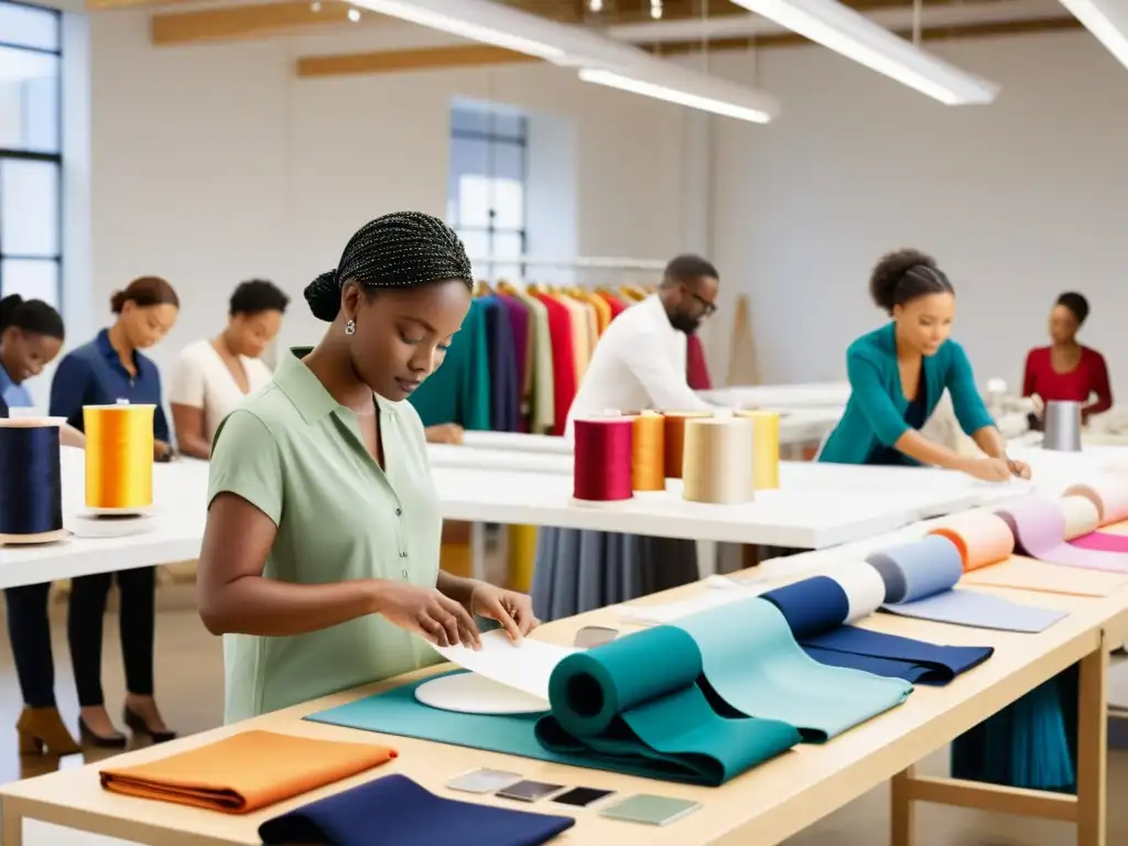 Proceso de colaboración en moda: Diseñador y equipo trabajan juntos en un estudio luminoso, lleno de creatividad y precisión