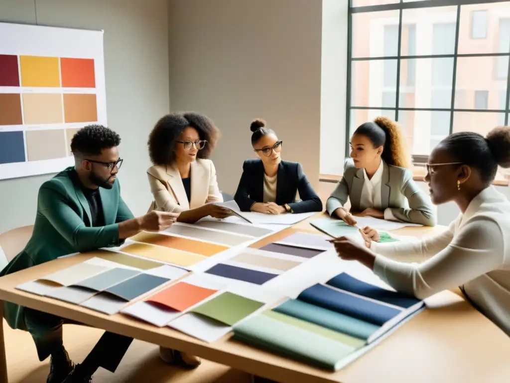 Proceso de colaboración en moda: Equipo de moda y marketing debaten estrategias en una sala llena de creatividad y luz natural