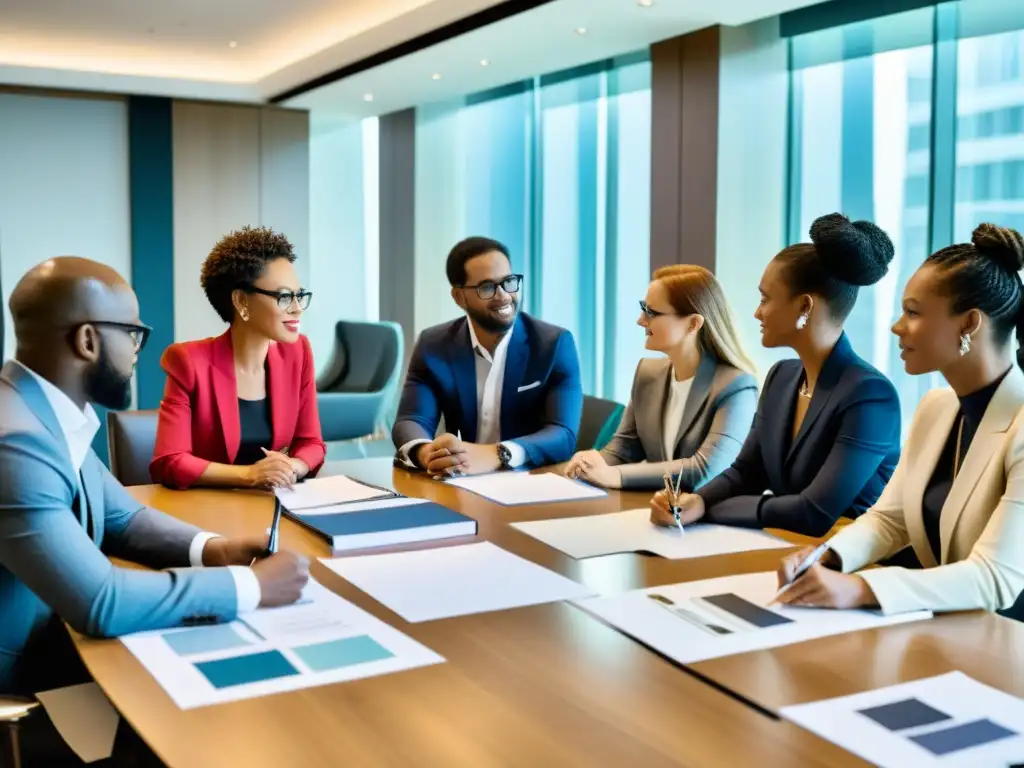 Profesionales de moda en una sala de reuniones, discutiendo alianzas estratégicas en moda con confianza y energía creativa