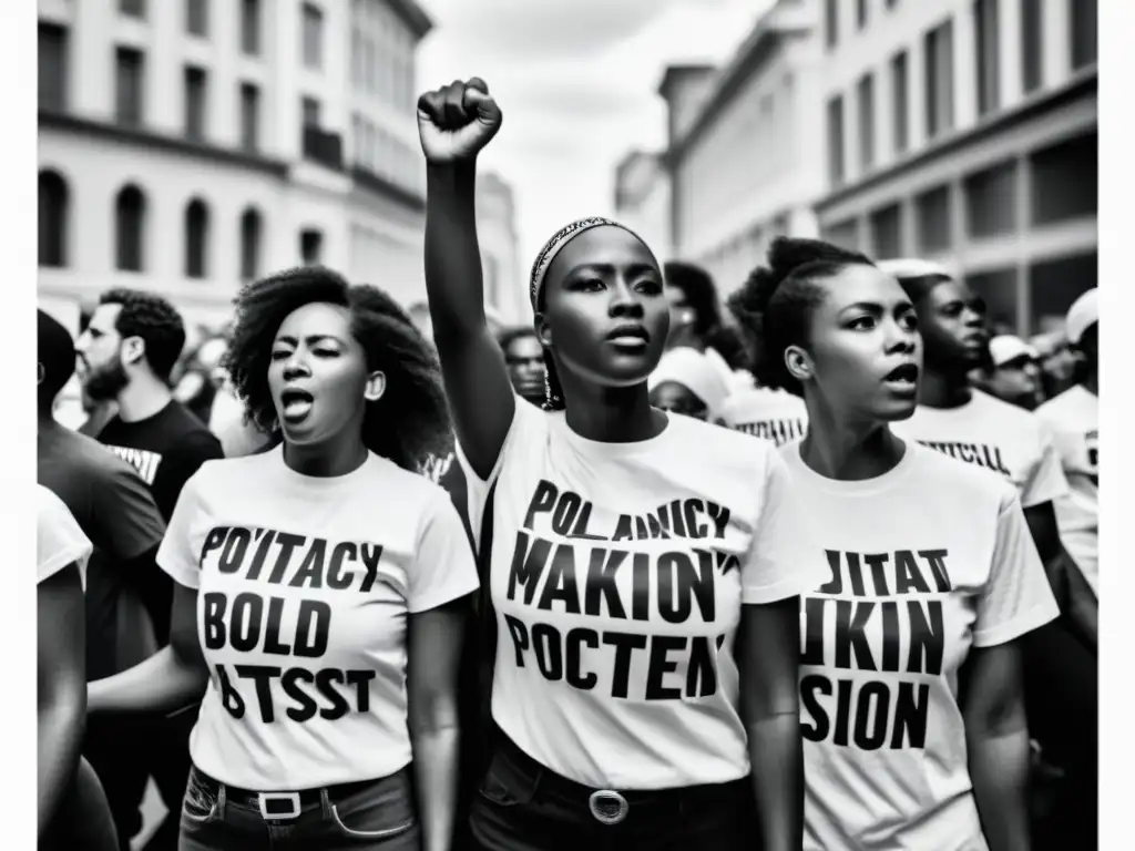 Protesta con moda: manifestantes con camisetas de mensajes políticos marchan con determinación y pasión, levantando el puño en el aire