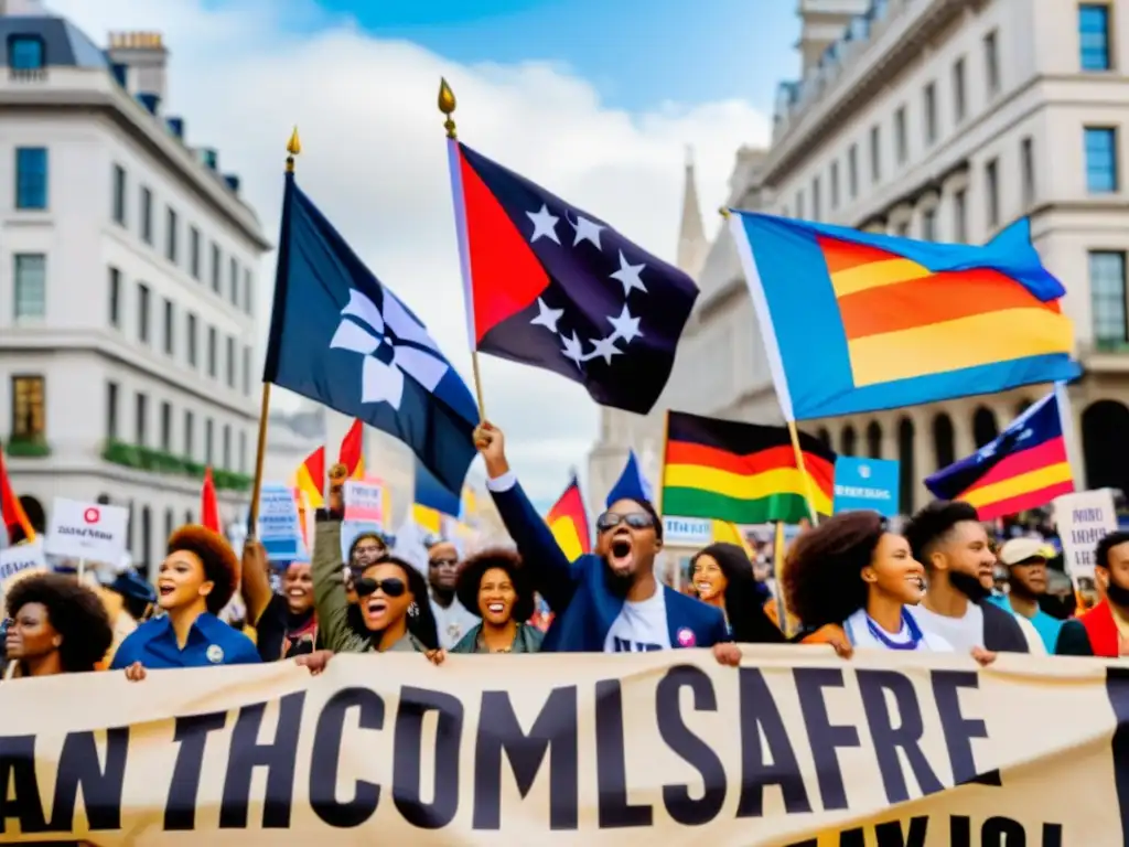 Protesta multicultural en la ciudad histórica Protesta con uniformes y símbolos diversos en una ciudad histórica, mostrando importancia de movimientos insurgentes