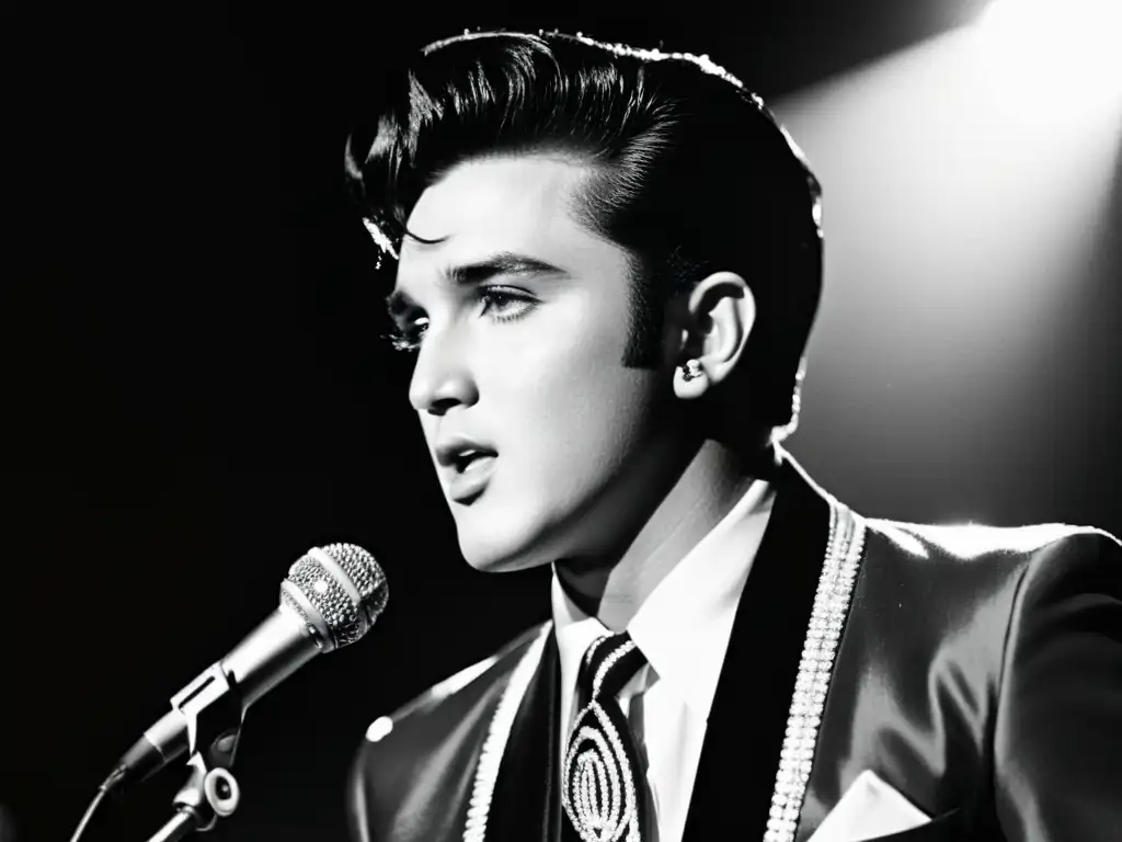 Elvis Presley cautiva al público con su estilo y carisma en el escenario, impactando la moda juvenil con su traje adornado de rhinestones