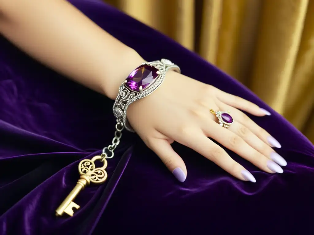 Una pulsera de esclava plateada con detalles de filigrana sobre terciopelo morado, evocando elegancia y misteriosa historia