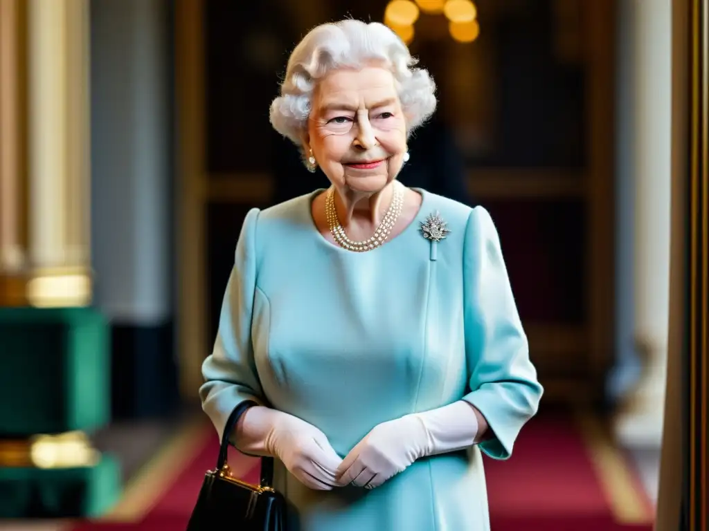 La Reina Isabel II en un elegante vestido de diseñador, mostrando la influencia de la Casa de Windsor en la moda