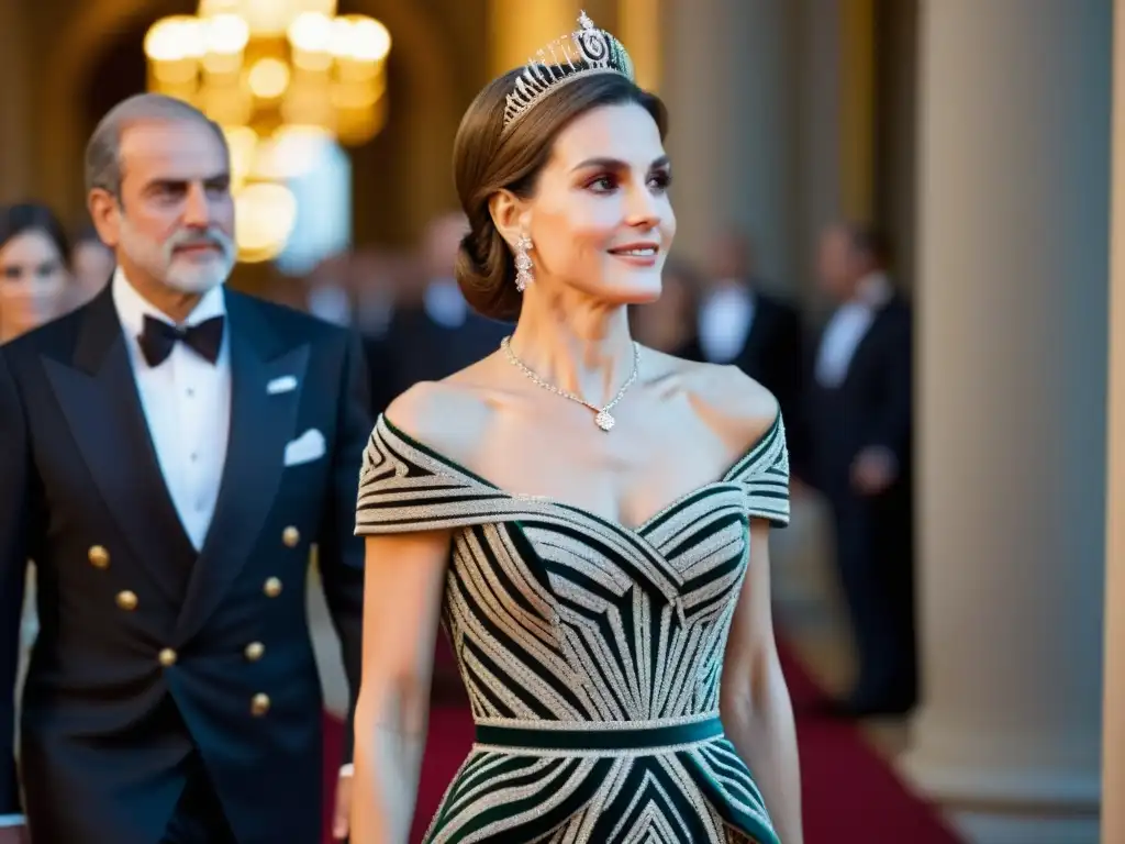 La Reina Letizia de España, en un elegante vestido de noche, muestra la influencia de la moda real en un evento real