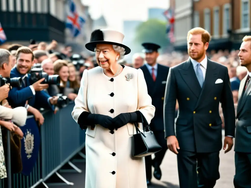 La Reina Elizabeth II en un elegante vestido, rodeada de admiradores y fotógrafos