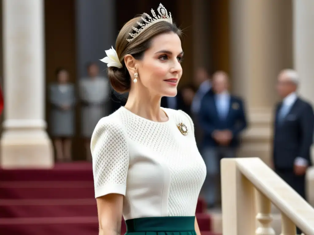 Reina Letizia de España en evento público, con peinado moderno y elegante, atuendo regio, interacción con la multitud