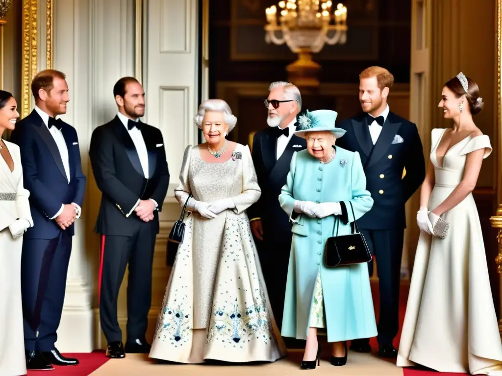 La Reina Isabel II en un evento real, con diseñadores de moda presentando sus creaciones