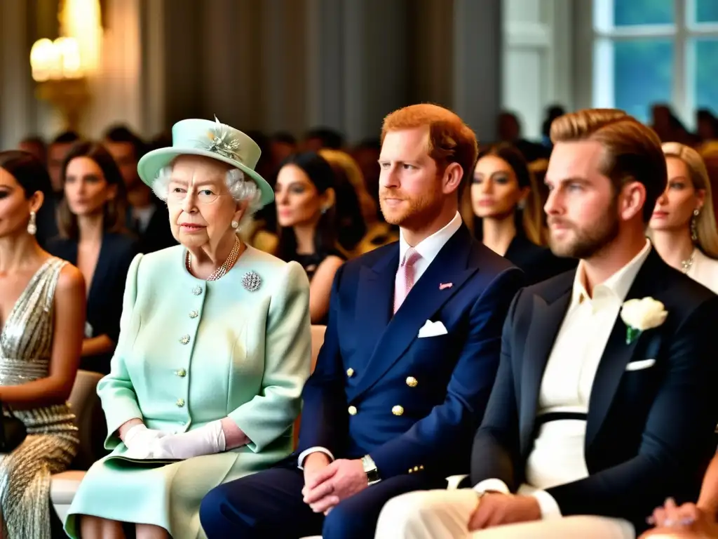 La reina Isabel II en primera fila de un desfile de moda, rodeada de diseñadores y modelos