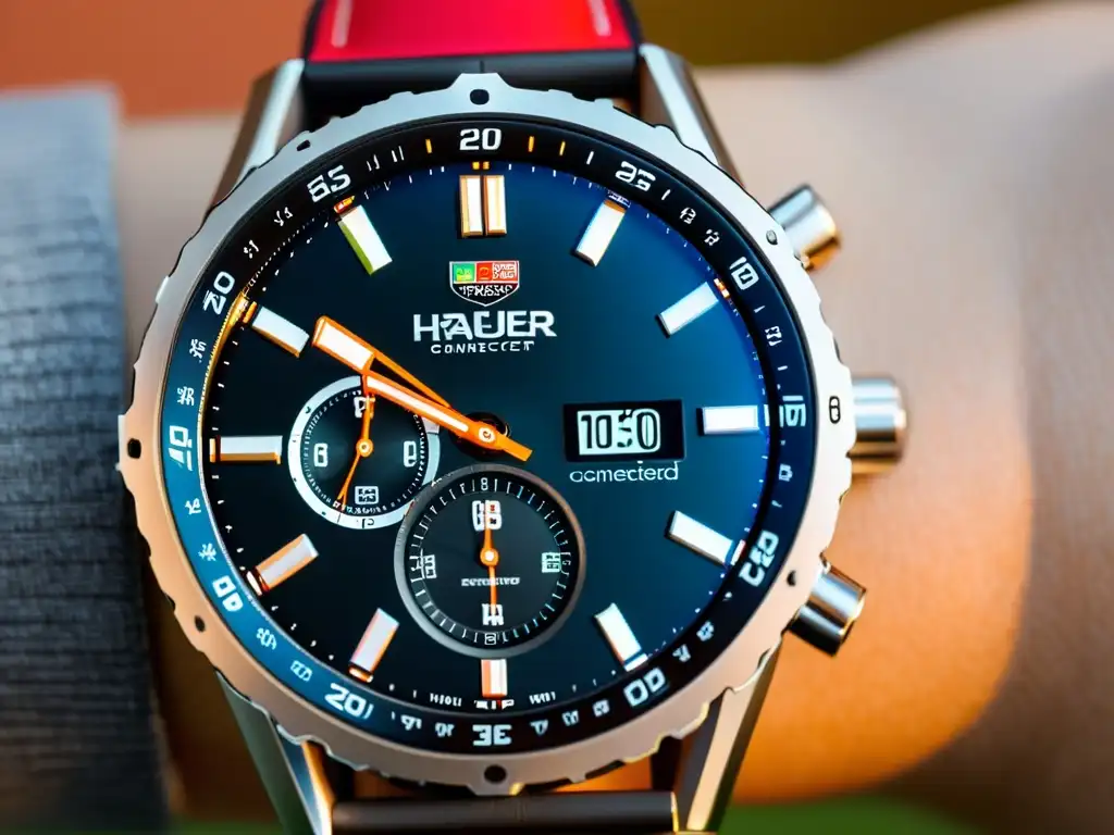 Un reloj inteligente TAG Heuer muestra elegancia y tecnología en una escena urbana