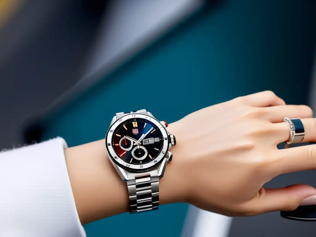 Un reloj inteligente TAG Heuer en una pasarela de alta moda, fusionando tecnología y estilo con elegancia