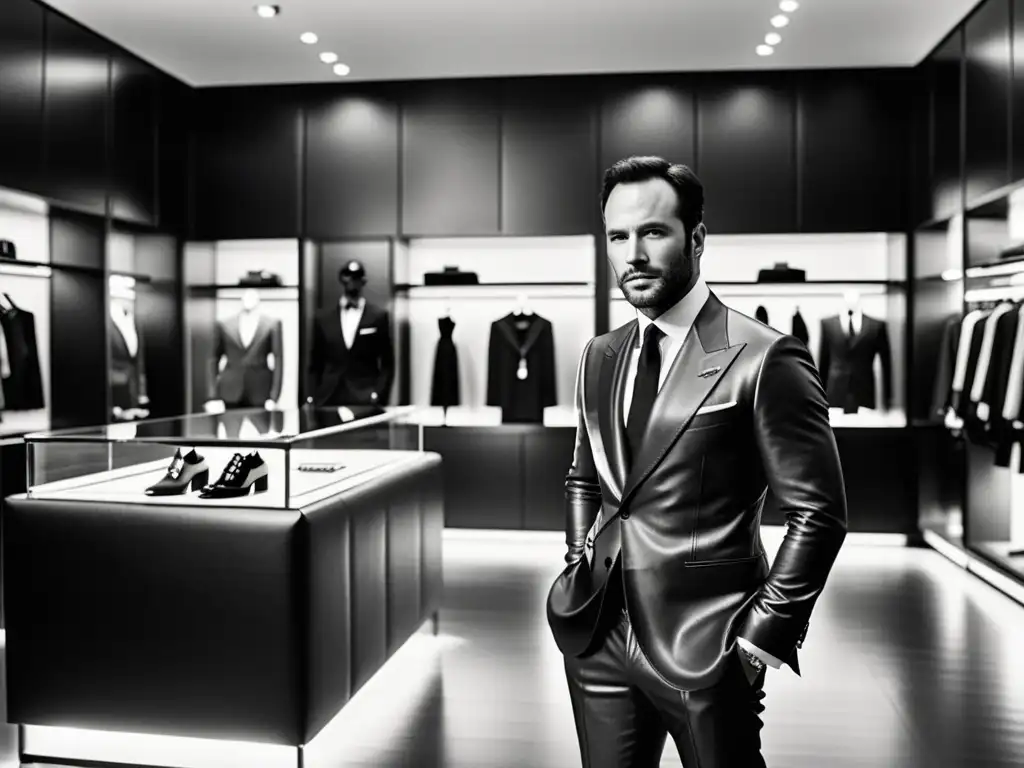 Tom Ford lidera el renacimiento de la marca Gucci, rodeado de modelos y diseño de lujo en la tienda