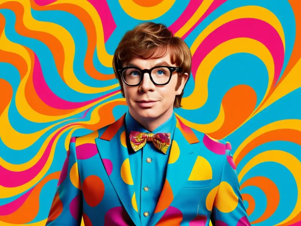 Renacimiento moda años 60 Austin Powers en un traje llamativo rodeado de patrones psicodélicos y colores vibrantes, capturando la esencia de la moda de los años 60 con una actitud segura y juguetona