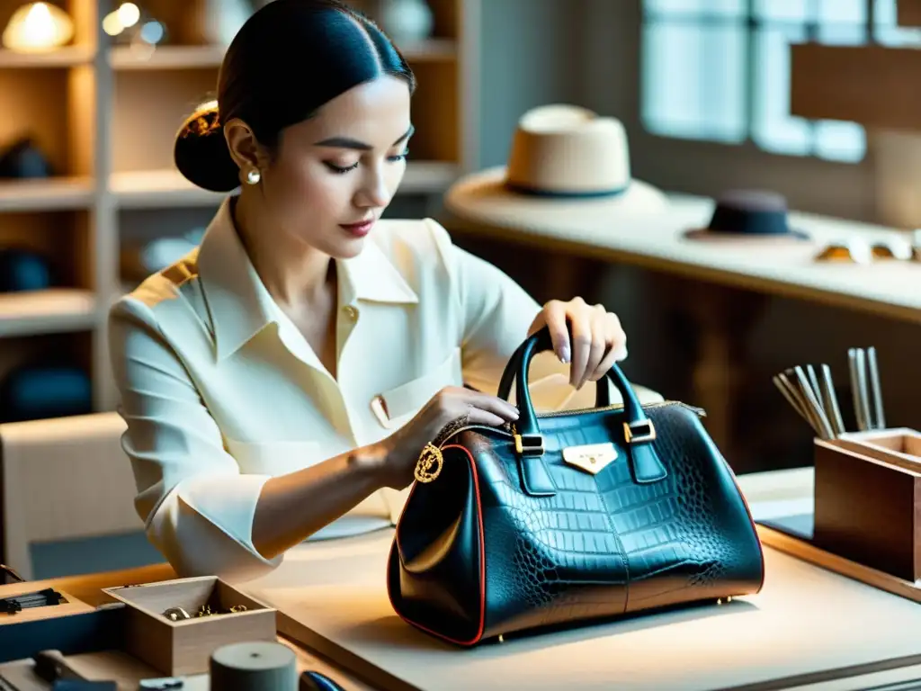 Un renombrado diseñador de moda elabora a mano una bolsa de edición limitada en un bullicioso taller, rodeado de materiales exquisitos y un equipo de artesanos