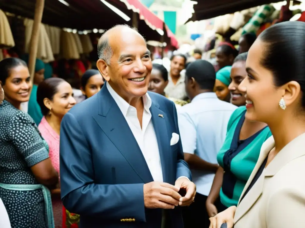 Oscar de la Renta conversando con artesanos en un mercado dominicano, destacando su impacto cultural en la moda durante siglos