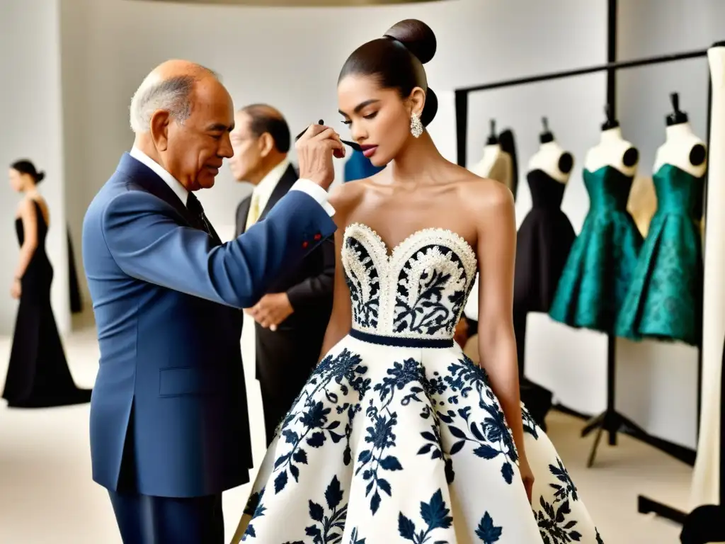 Oscar de la Renta ajustando un elegante vestido de moda femenina con destreza, reflejando su legendario arte y dedicación en el mundo de la moda