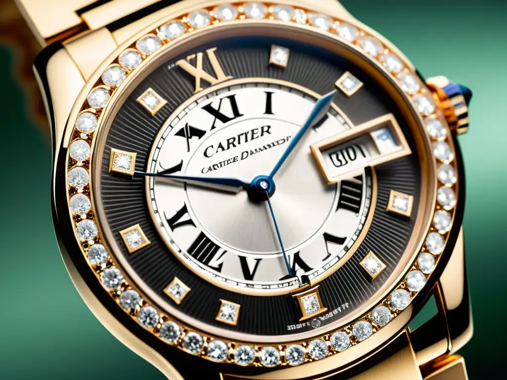 Reseña última colección relojes Cartier: Detalle ultradetallado de un reloj Cartier con diamantes brillantes y elegante pulsera de metal