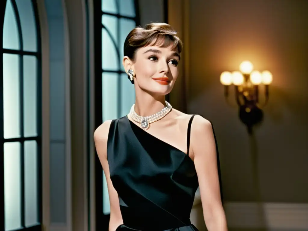 Retrato de Audrey Hepburn en vestido clásico Givenchy, personificando la elegancia atemporal y el glamour