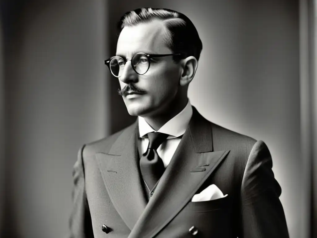 Retrato en blanco y negro de un caballero distinguido de los años 1900, con monóculo y gafas pincenez