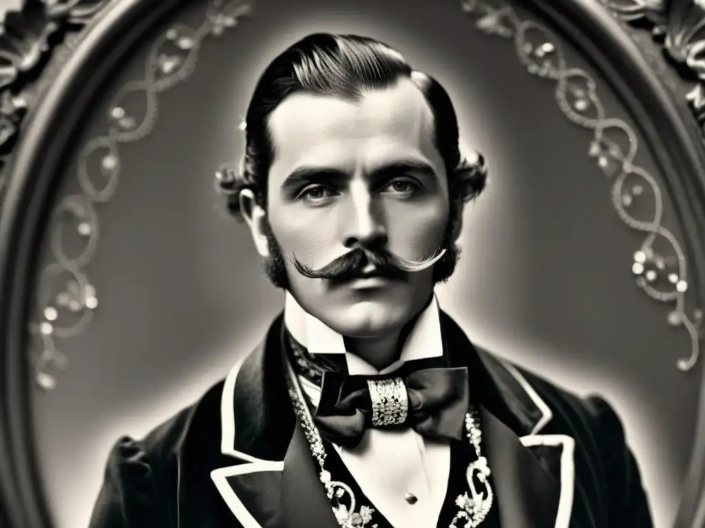 Retrato en blanco y negro de un caballero aristocrático del siglo XIX, exudando elegancia y lujo en su atuendo y porte